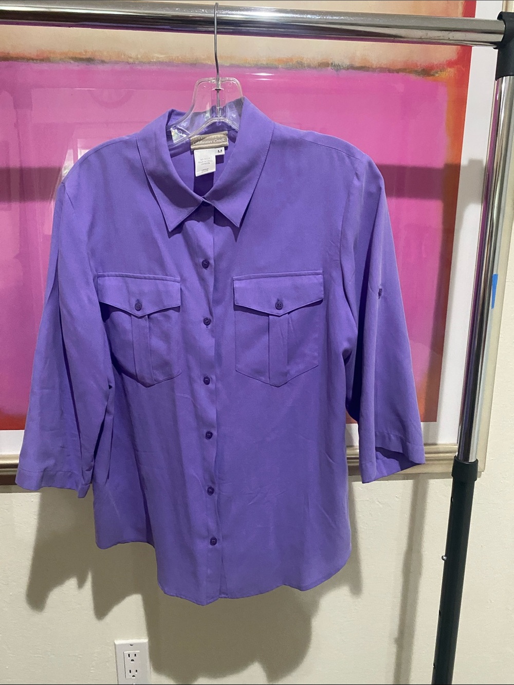 Coldwater Creek Silk Purple Button-Up Shirt - Collared Blouse with Flap Pockets